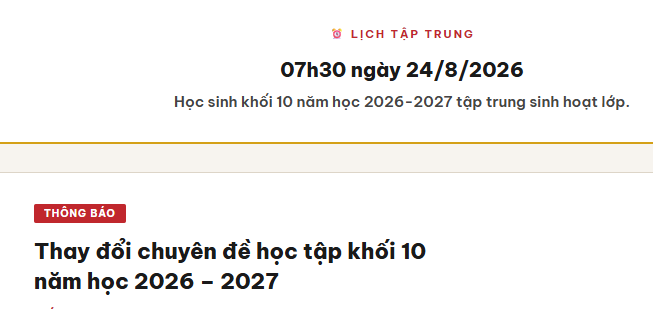 THÔNG BÁO THAY ĐỔI CHUYÊN ĐỀ HỌC TẬP và TẬP TRUNG HỌC SINH NGÀY 24/8/2026