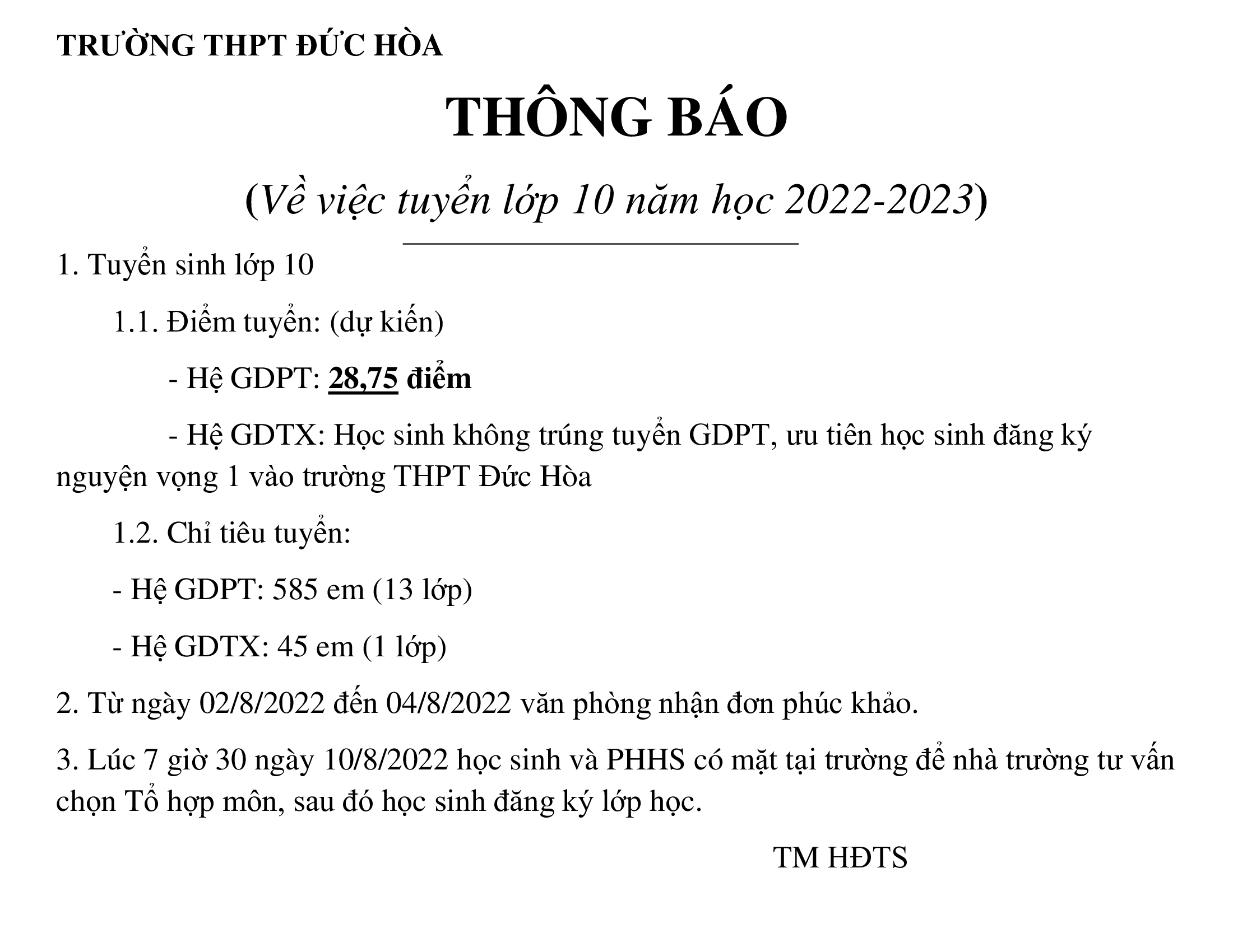 ĐIỂM THI TUYỂN SINH VÀO LỚP 10 TRƯỜNG THPT ĐỨC HÒA NĂM HỌC 2022-2023